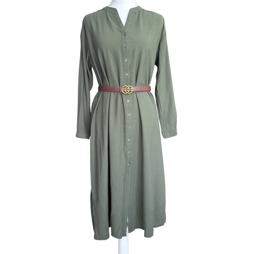 Banana Republic Button-Down Long Sleeve Maxi Kaftan Dress in Olive Green XS Tall - Picture 1 of 9